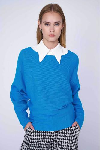 'ALE γυναικεία πλεκτή μπλούζα μονόχρωμη ribbed - 8P20468C Μπλε Ανοιχτό M